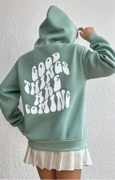 Green Printed Fleece Hoody oversized Long Sleeve Womens Sweatshirt